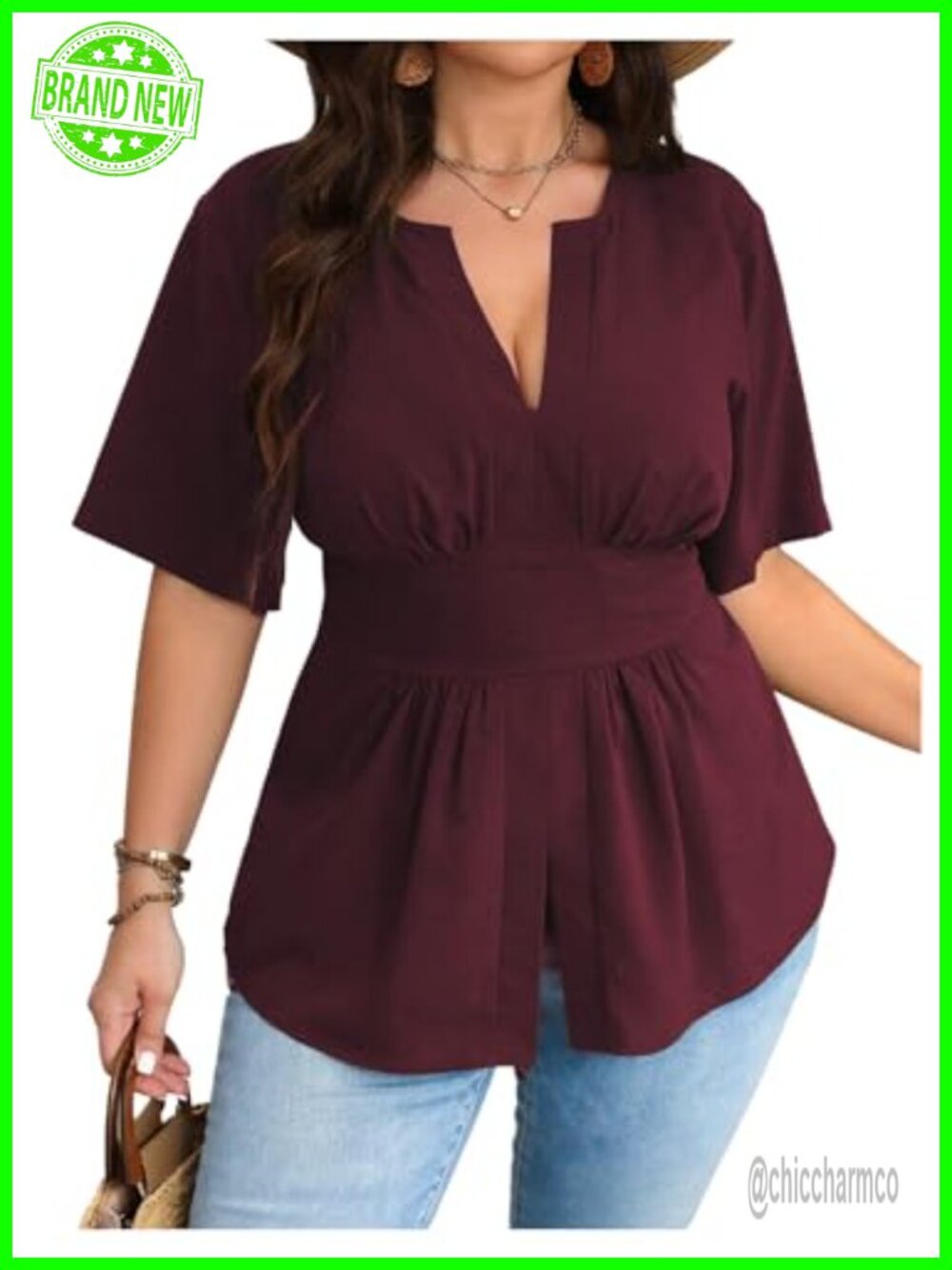 Plus Size Peplum Top Short Sleeve V Neck Asymmetrical Blouse Summer